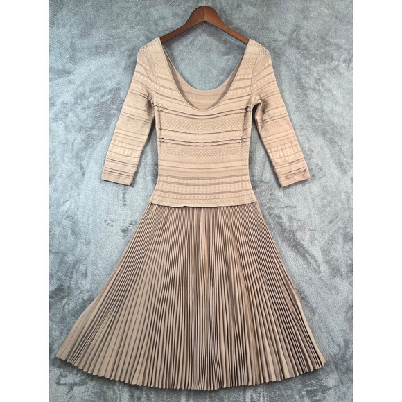 Ralph Lauren Purple Label Dresses & Skirts - Ralph Lauren Purple Label Pleated Midi Dress XS Tan Knit Layered Bodice Viscose